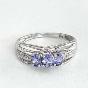 10k White Gold Three Stone Tanzanite & Diamond Accents Ladies Ring Size 6.75